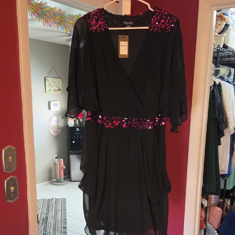 City Chic Black Midi Dress with Fuchsia Sequin Detail